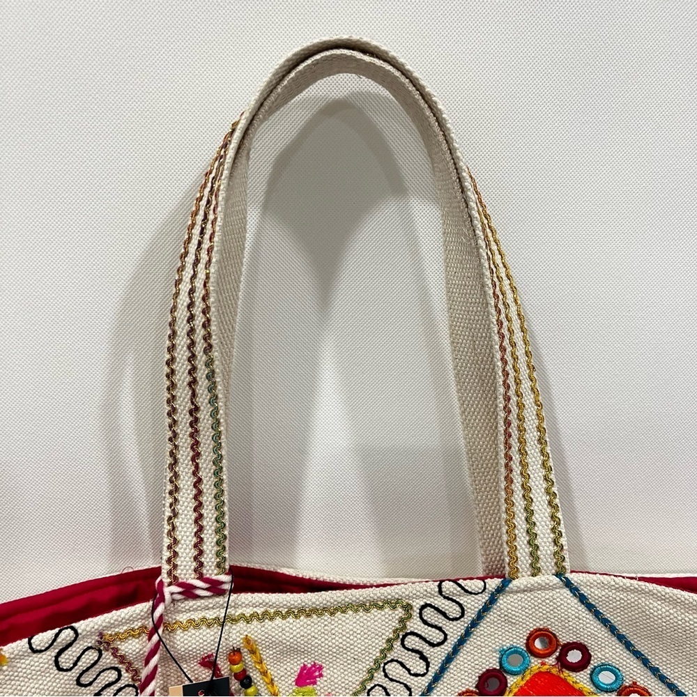 Heavy Canva Tote Embroidered Cream Bag Pom Pom Lined Aztec Print Multicolored - Picture 6 of 11